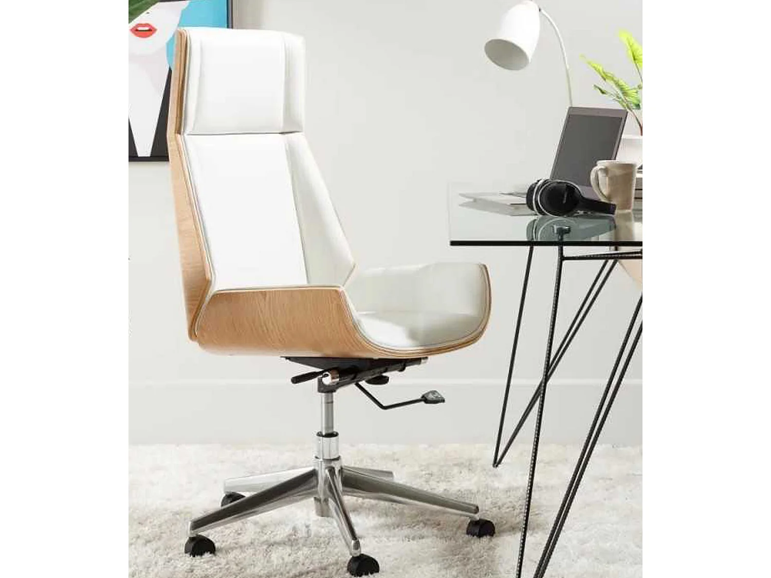 Silla de escritorio de 111-117x69x64 cm de madera y polipiel en color blanco Imperio