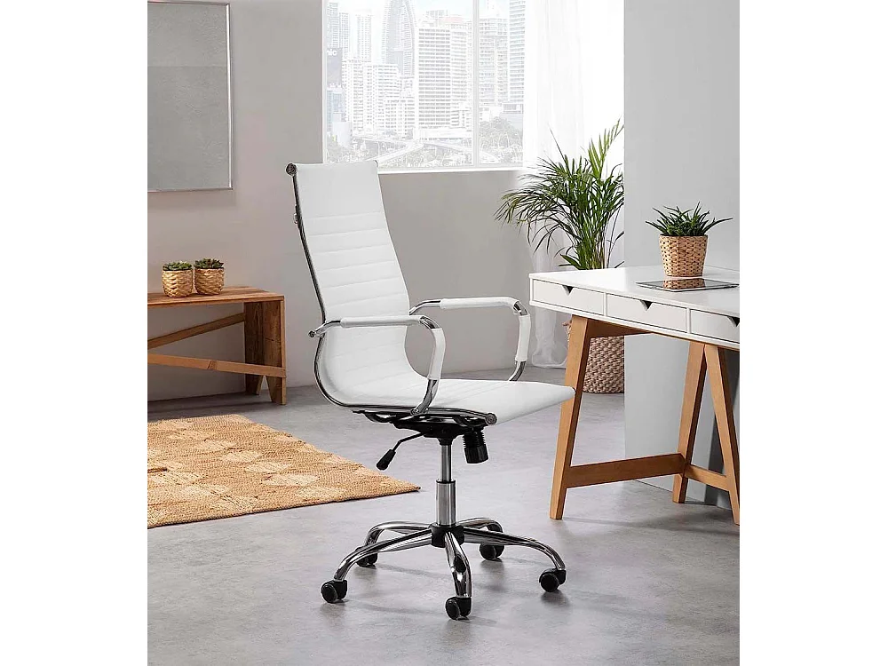 Silla de escritorio de 115x60x66 cm de acero cromado y polipiel con patas metálicas en color blanco Andy