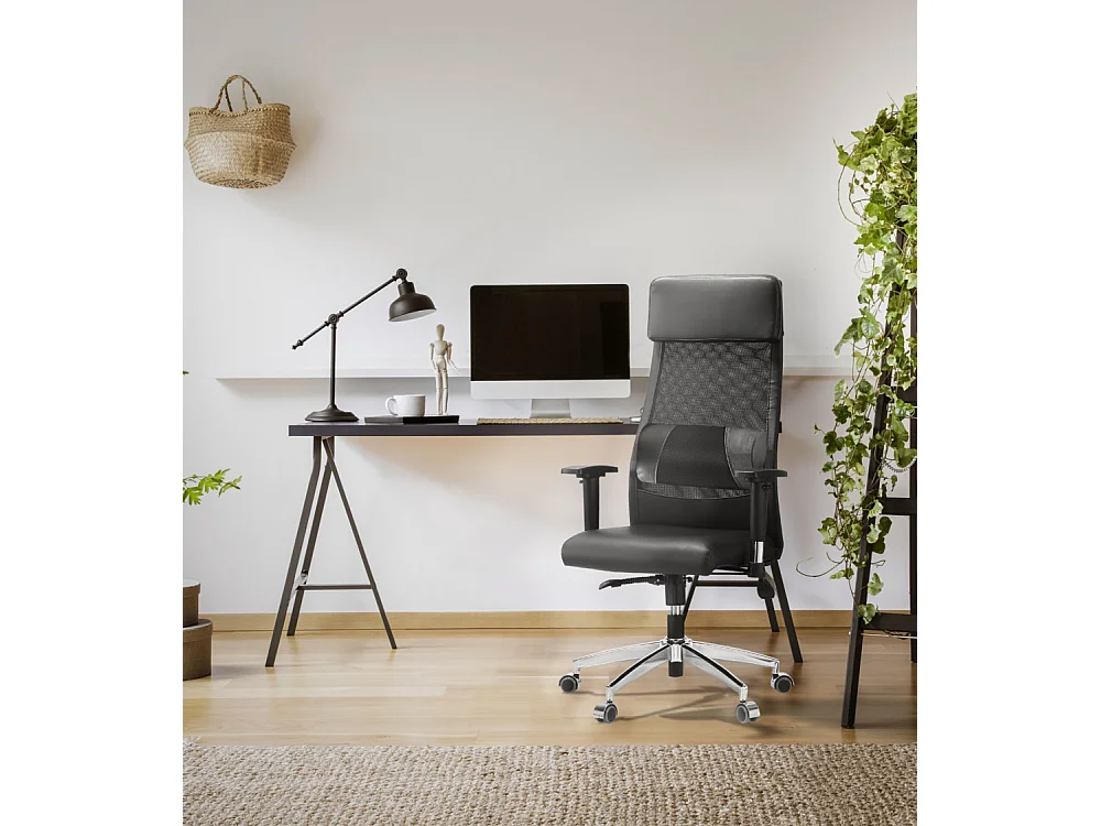 Silla de oficina de 120-128x70x70 cm con soporte lumbar y cabecero en color negro Aire