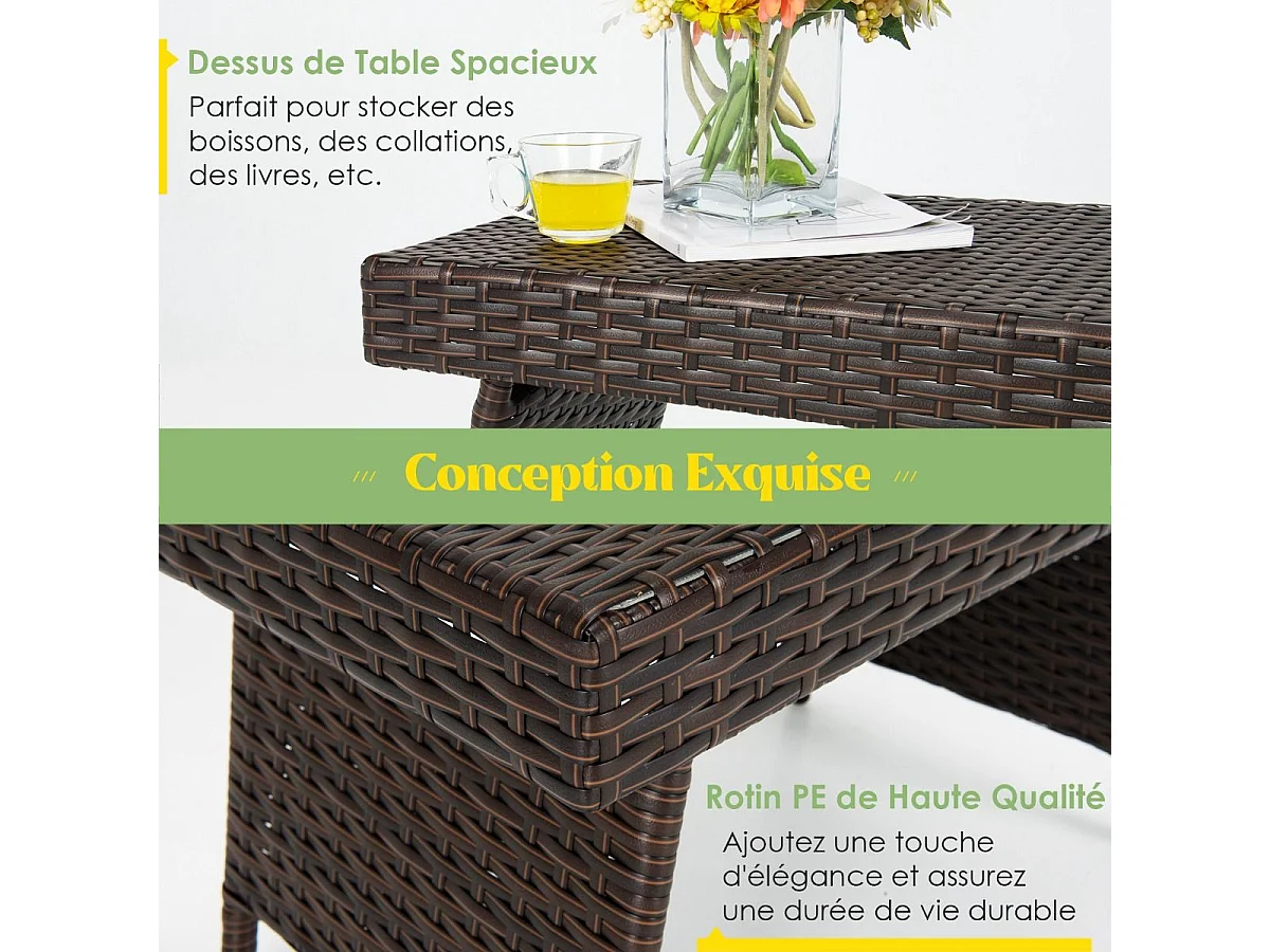 Table Basse de Jardin, Pliante en Rotin 60 x 40 x 40 CM Table d'Appoint avec Coussinets de Pied Réglables, Brun