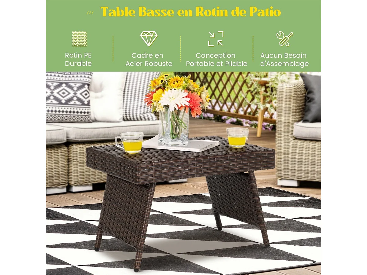 Table Basse de Jardin, Pliante en Rotin 60 x 40 x 40 CM Table d'Appoint avec Coussinets de Pied Réglables, Brun
