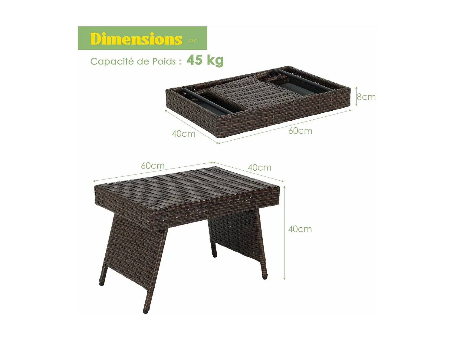 Table Basse de Jardin, Pliante en Rotin 60 x 40 x 40 CM Table d'Appoint avec Coussinets de Pied Réglables, Brun