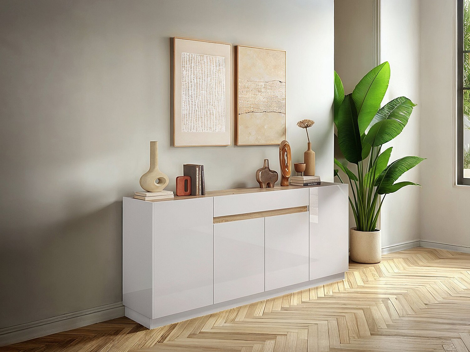 Sideboard mit 4 Türen & 1 Schublade - Weiß & Holzfarben - EMORA günstig online kaufen