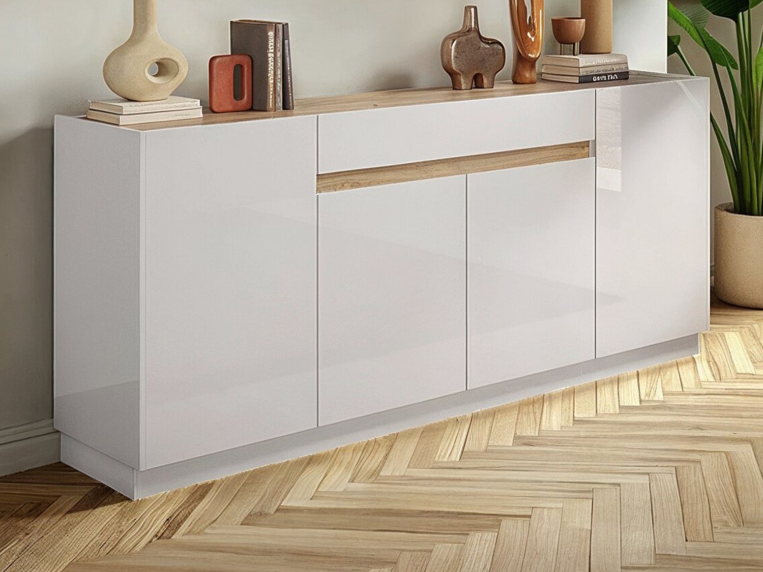 Buffet avec 4 portes et 1 tiroir - Blanc et Naturel - EMORA