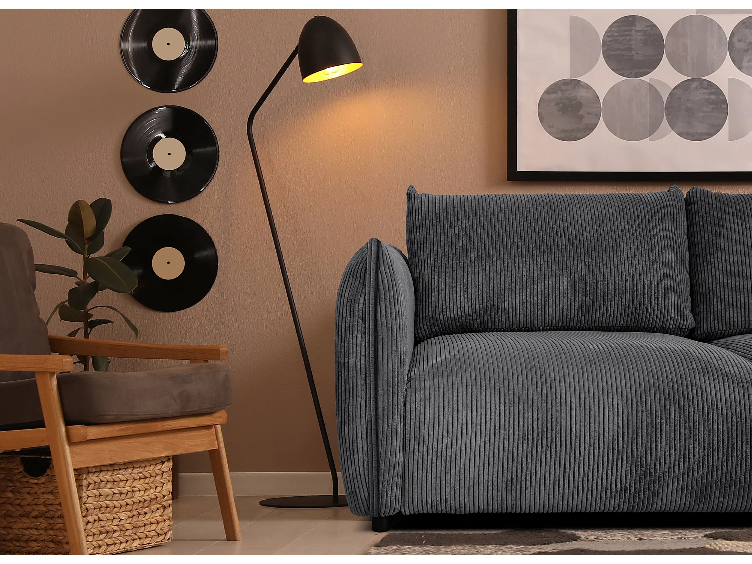 Canapé droit XXL 3 places tissu gris foncé - TAUER