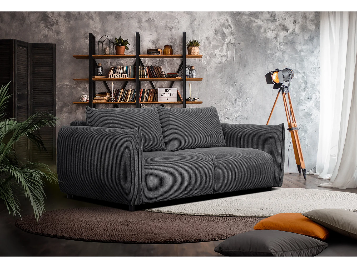 Canapé droit XXL 3 places tissu gris foncé - TAUER