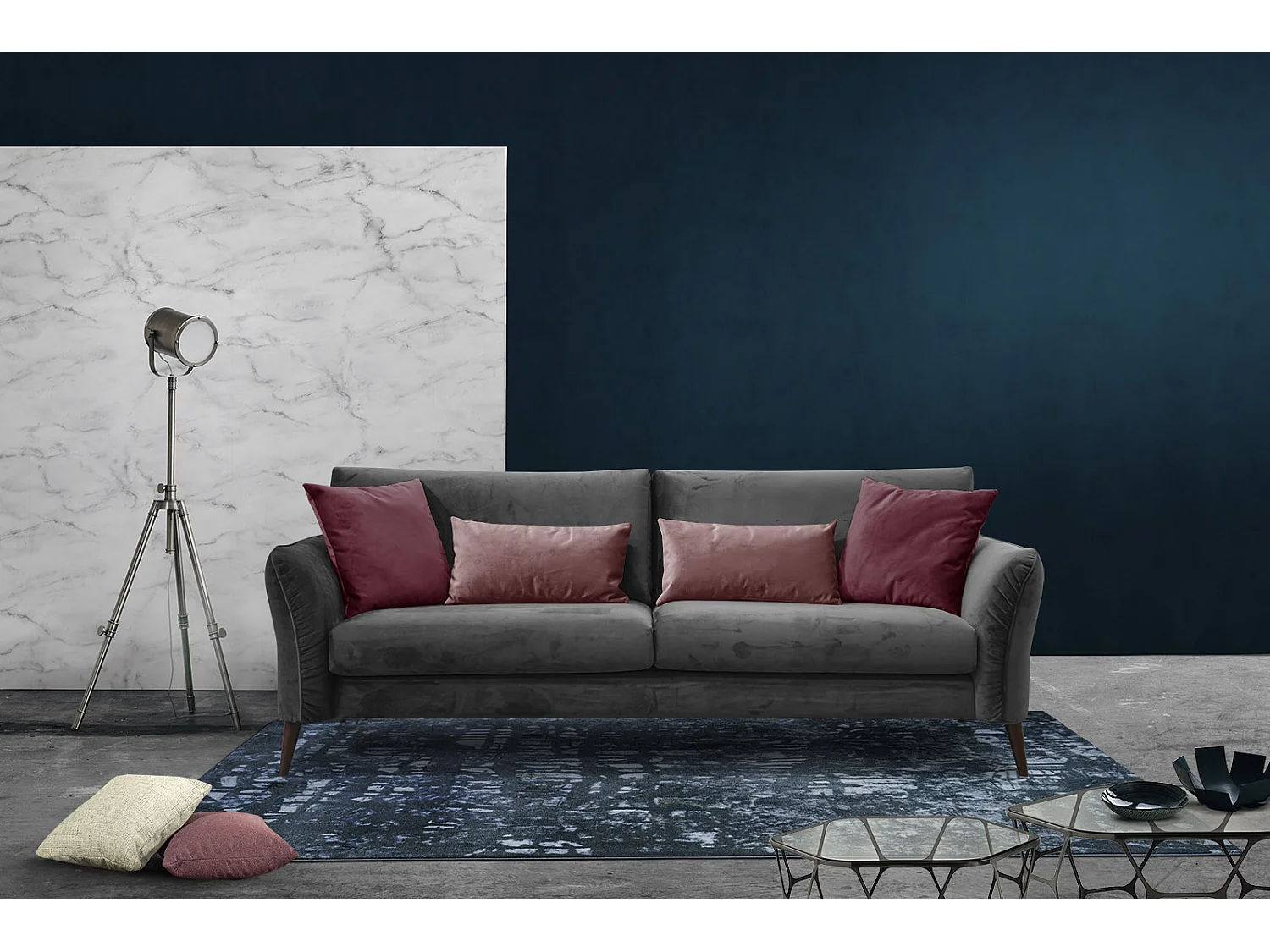 Canapé droit 3 places avec coussins tissu gris foncé - FIGARI