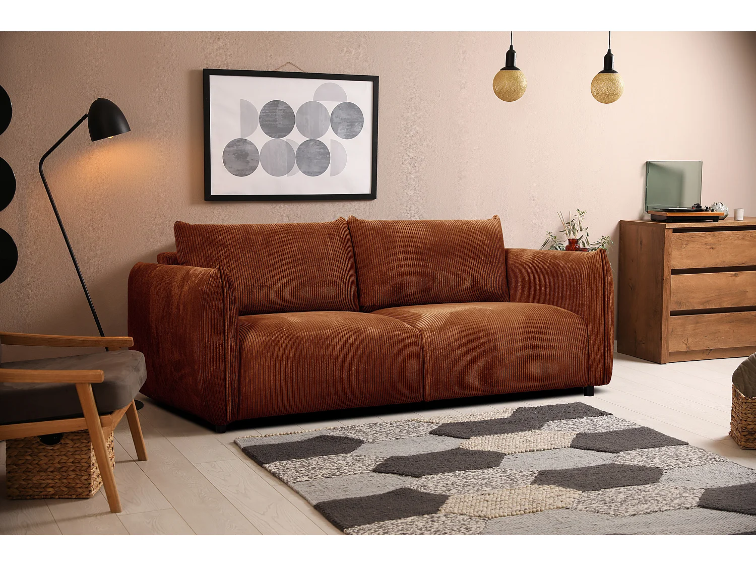 Canapé droit XXL 3 places tissu orange - TAUER