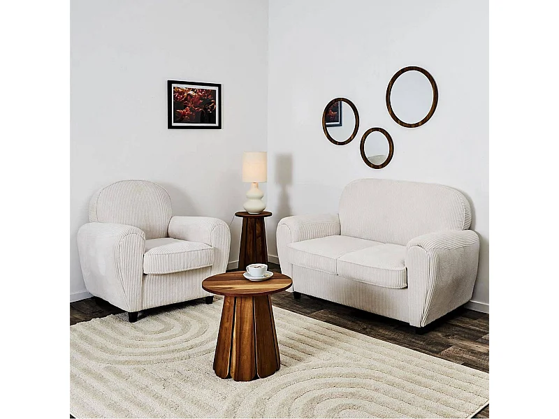 GANDY - Ensemble Fauteuil et Canapé Club 2 Places Tissu Velours Côtelé Beige