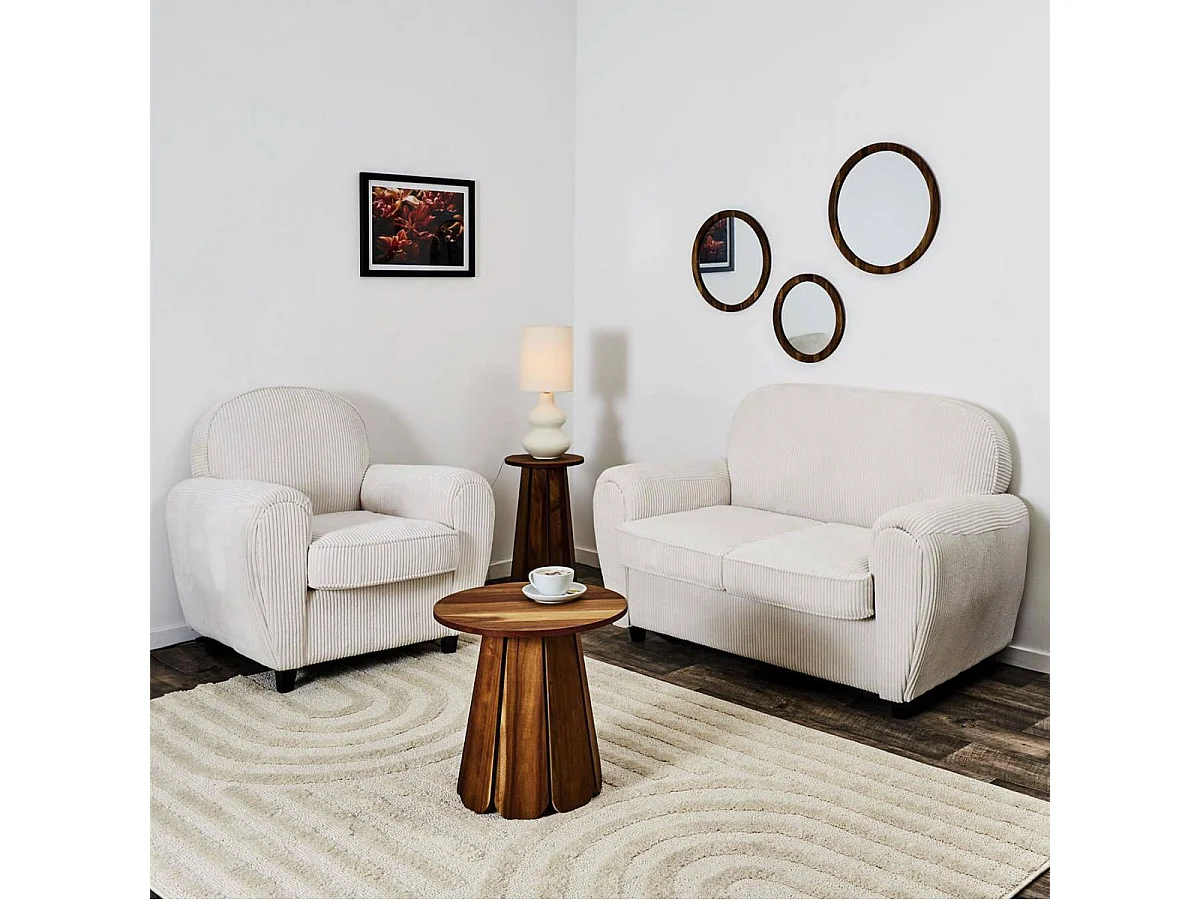 GANDY - Ensemble Fauteuil et Canapé Club 2 Places Tissu Velours Côtelé Beige