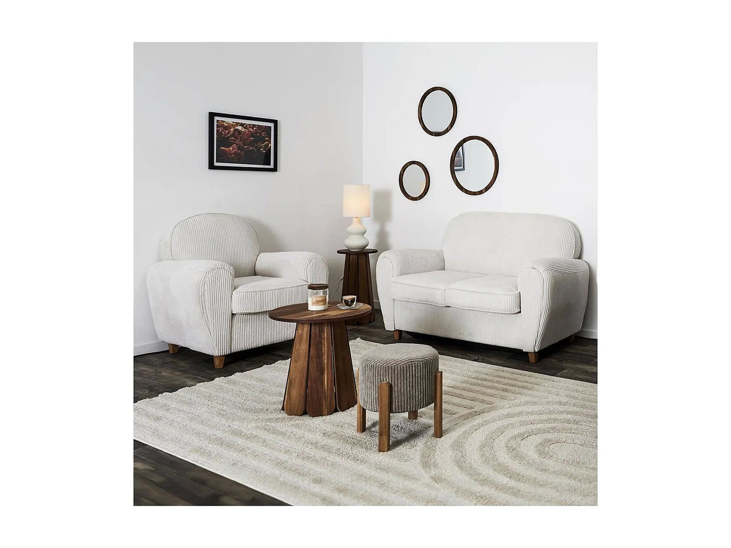 GANDY - Ensemble Fauteuil et Canapé Club 2 Places Tissu Velours Côtelé Beige