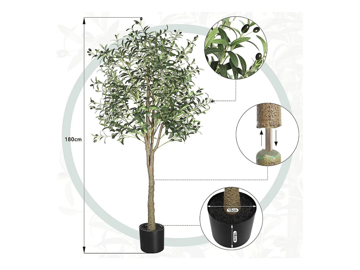 180cm olijfboom kunstplant, nep groene plant decoratie, verwijderbaar, voor thuis slaapkamer woonkamer balkon binnenplaats tuin