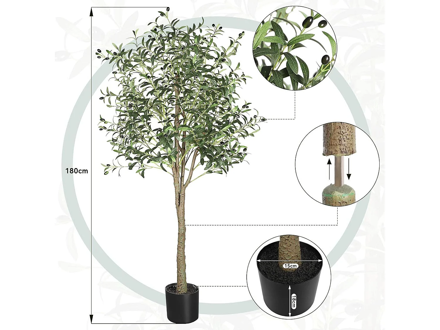 180cm Olivier Plante Artificielle, Fausse Plante Verte Décoration, Amovible, pour Maison Chambre Salon Balcon Cour Jardin