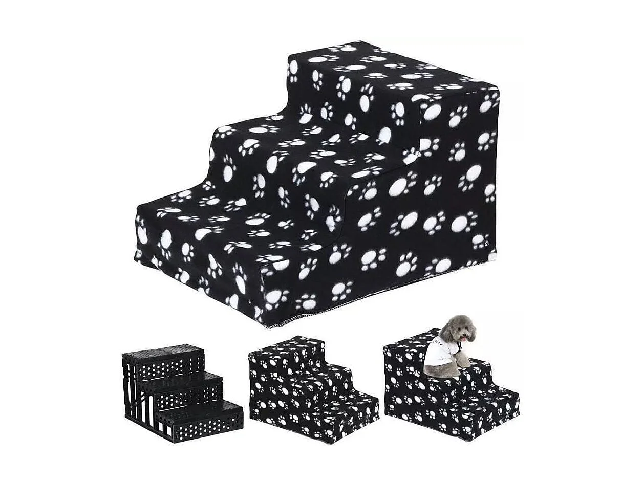 Escalier pour chat rampe, arbre à chats, Escaliers pour Chiens à 3 Marches, avec Housse en Peluche Lavable, pour Animaux de Compagnie