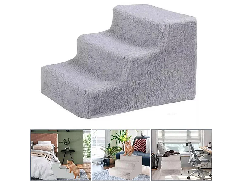 Escalier pour chat rampe, arbre à chats, Escaliers pour Chiens à 3 Marches, avec Housse en Peluche Lavable, pour Animaux de Compagnie