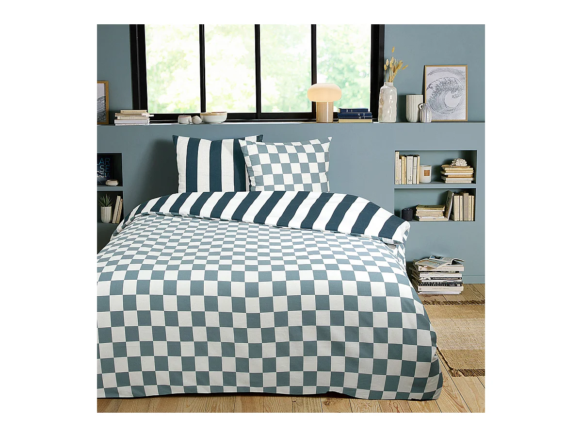 Parure de lit 2 personnes damier rayé réversible 240x220cm