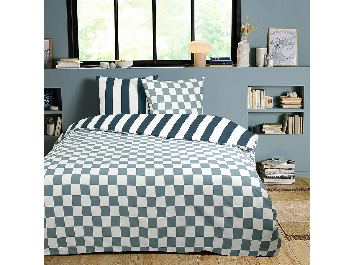Parure de lit 2 personnes damier rayé réversible 200x200cm