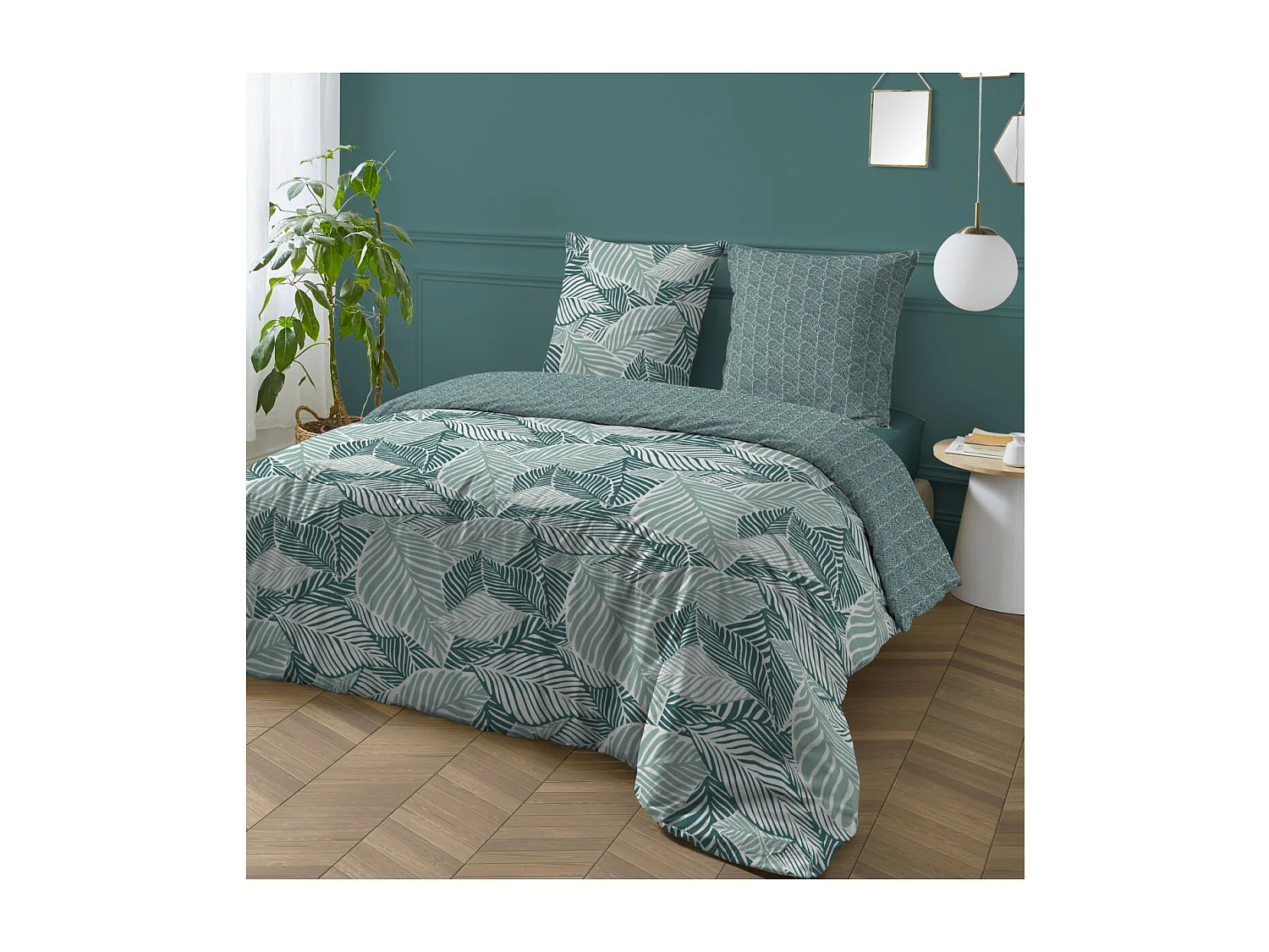 Parure de lit 2 personnes imprimé feuillage réversible 260x240cm