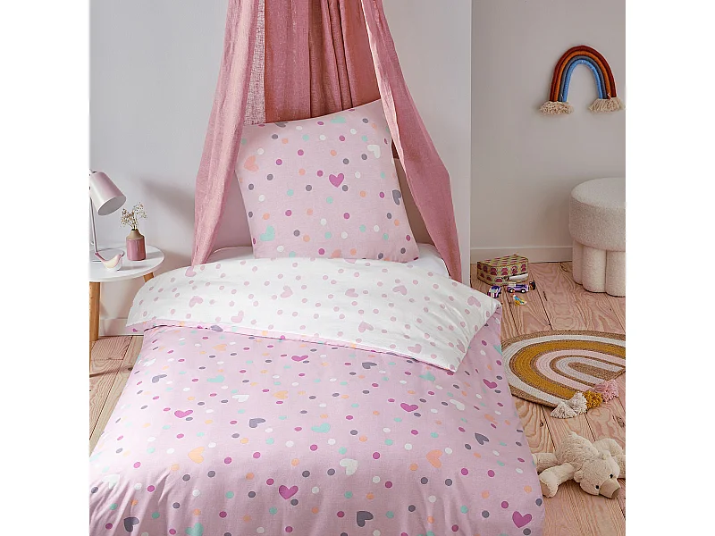 Parure de lit enfant pois et cœurs réversible 140x200cm