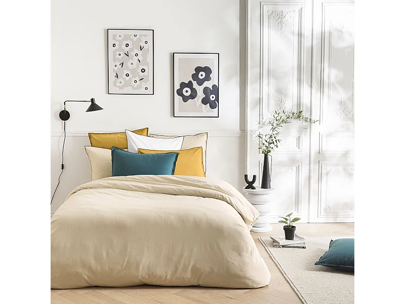 Parure de lit unie en coton finition bourdon 260x240cm