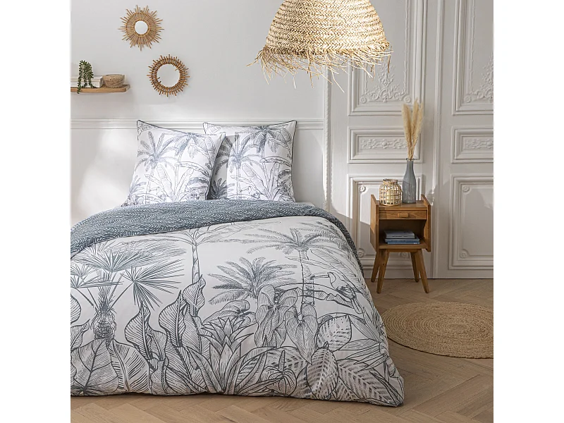 Parure de lit 2 personnes végétal réversible en coton 240x220cm