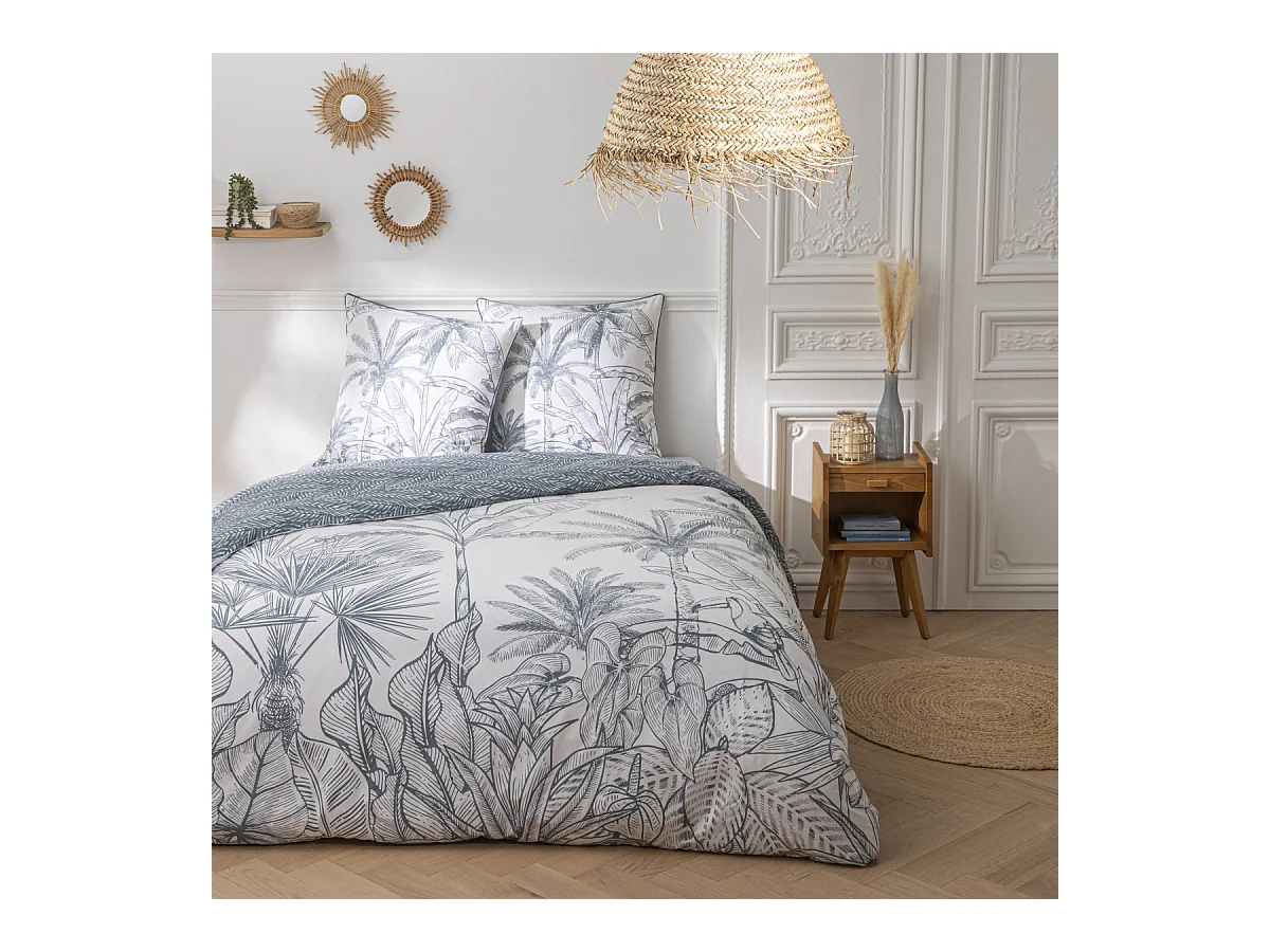 Parure de lit 2 personnes végétal réversible en coton 240x220cm