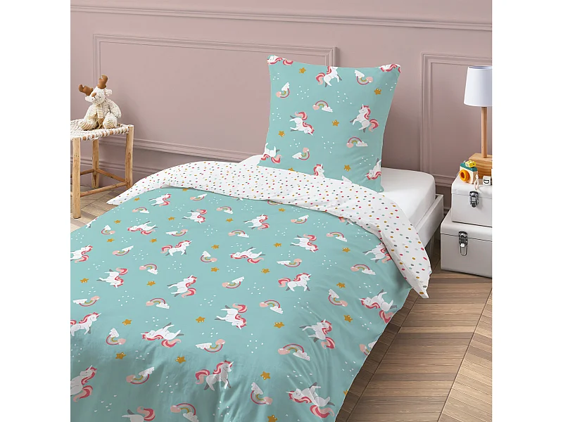 Parure de lit enfant réversible imprimé Licorne 140x200cm
