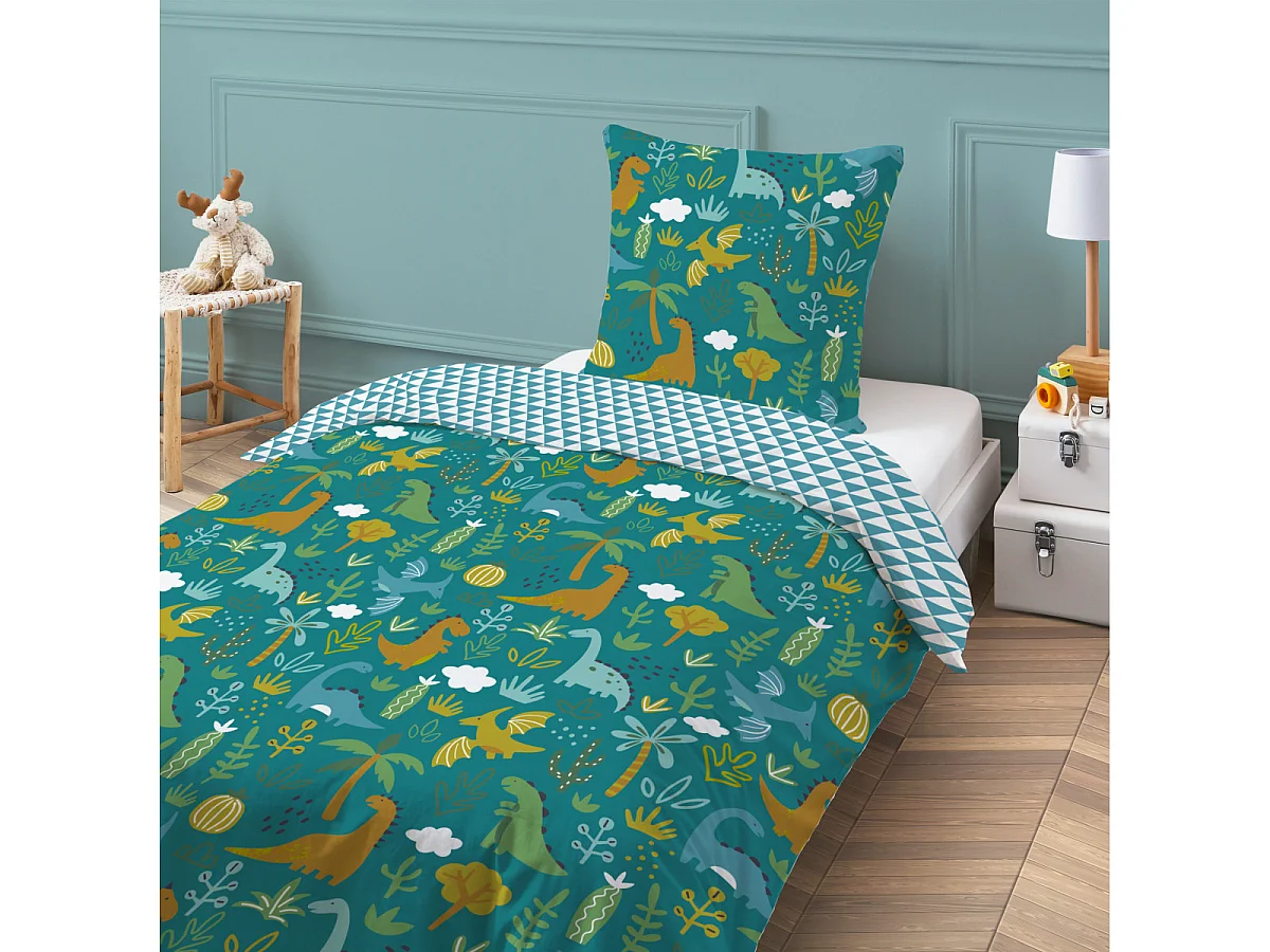 Parure de lit enfant réversible imprimé Dinosaure 140x200cm