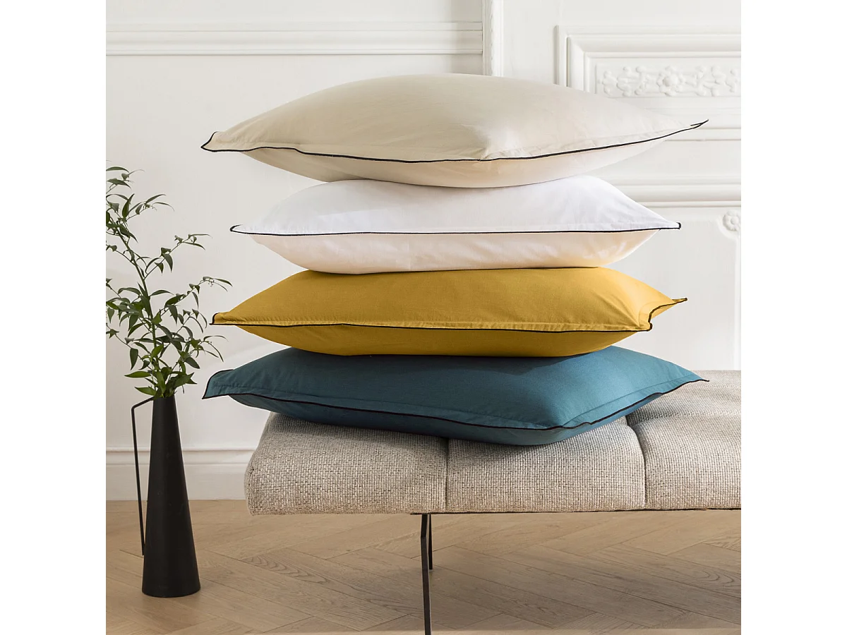 Lot de 2 taies d'oreiller unies en coton finition bourdon bleu 50x70cm