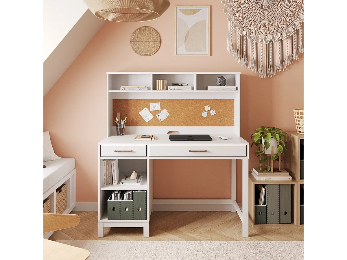 Bureau 2 tiroirs avec sur meuble  panneaux de fibres blanc TRAVIS