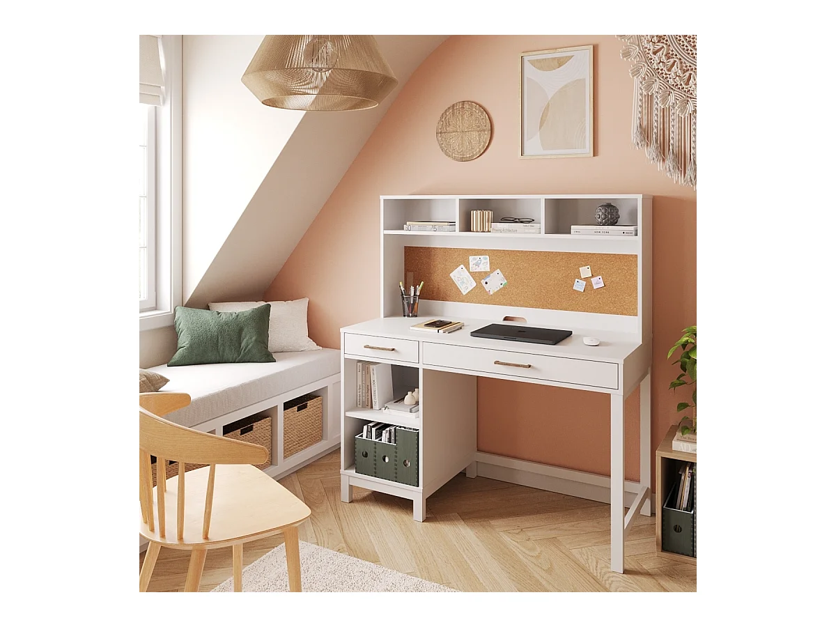 Bureau 2 tiroirs avec sur meuble  panneaux de fibres blanc TRAVIS