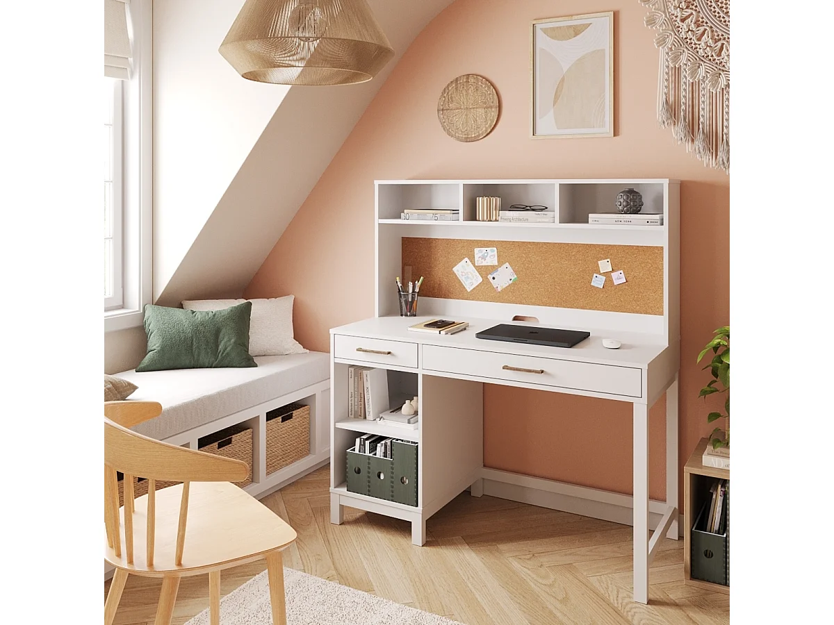 Bureau 2 tiroirs avec sur meuble  panneaux de fibres blanc TRAVIS