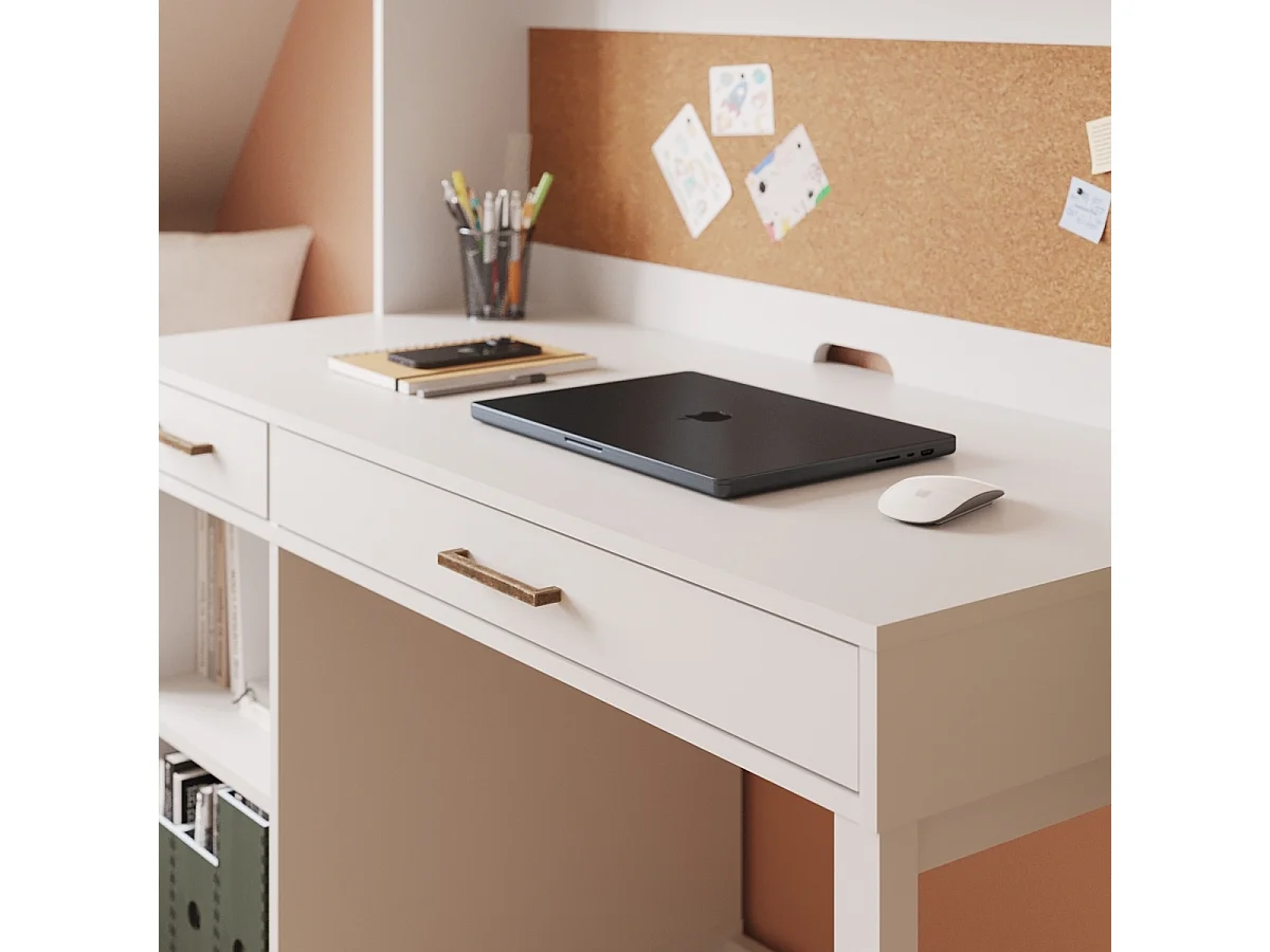 Bureau 2 tiroirs avec sur meuble  panneaux de fibres blanc TRAVIS