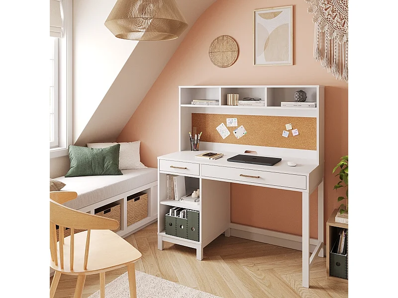 Bureau 2 tiroirs avec sur meuble  panneaux de fibres blanc TRAVIS