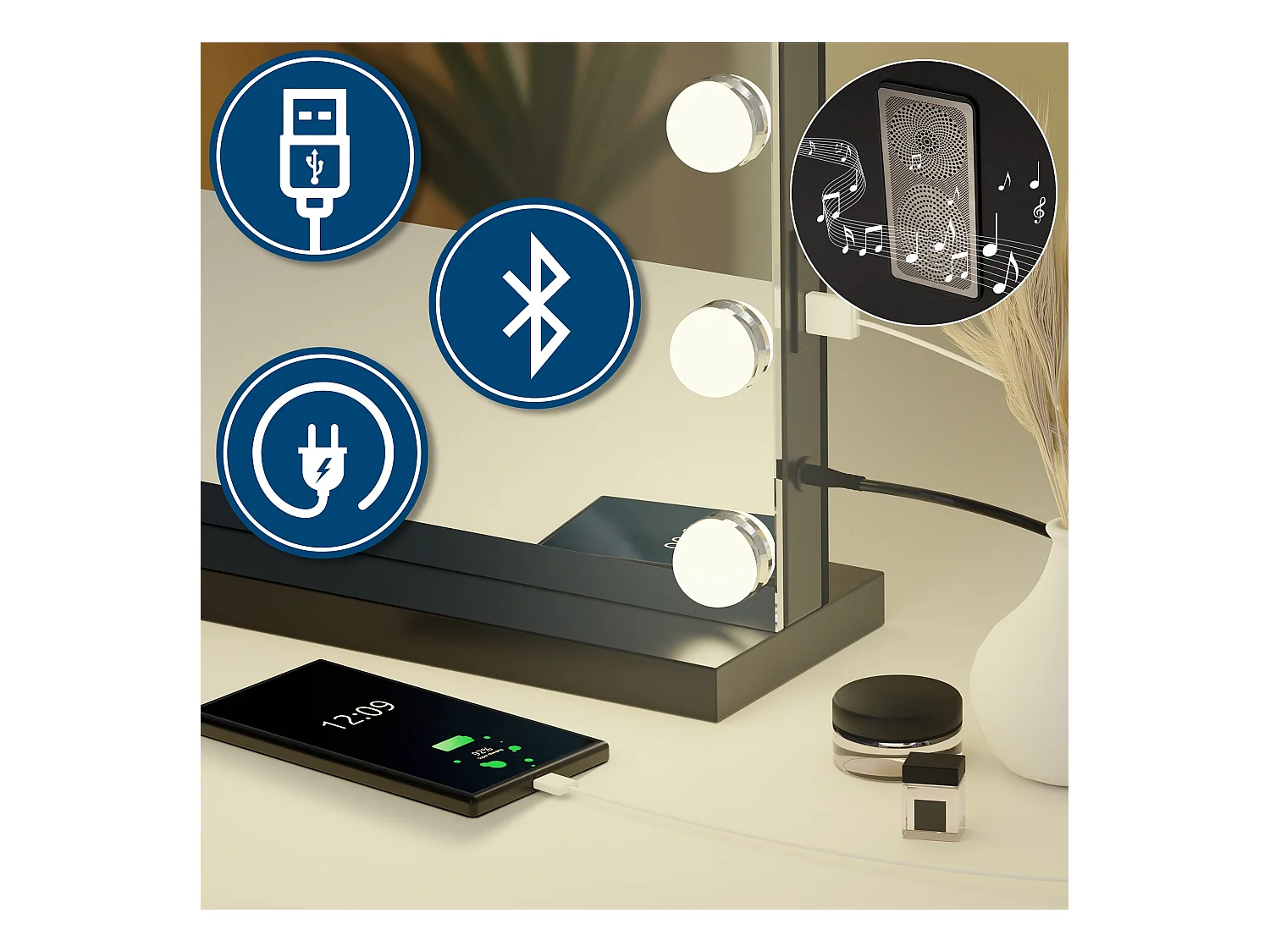 Miroir Led de Maquillage - Métal - Noir - Norlina