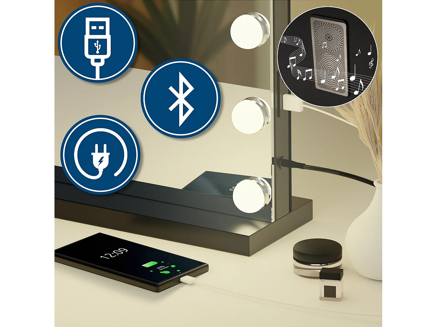 Miroir Led de Maquillage - Métal - Noir - Norlina