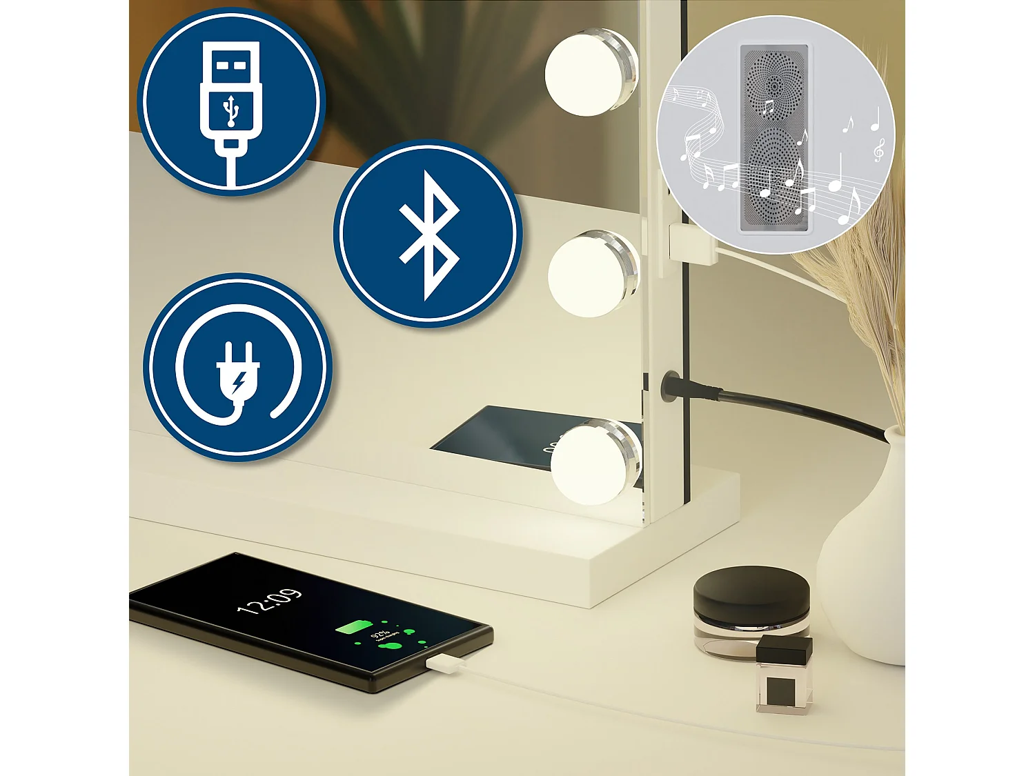 Miroir Led de Maquillage - Métal - Blanc - Norlina