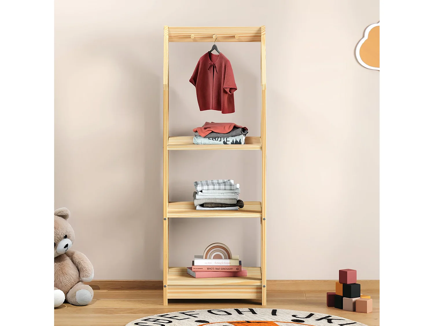 Étagère à vêtement Enfant SALLY en Pin Massif, Dressing Enfant avec Tringle à Vêtements, Penderie Enfant Montessori, Coloris naturel