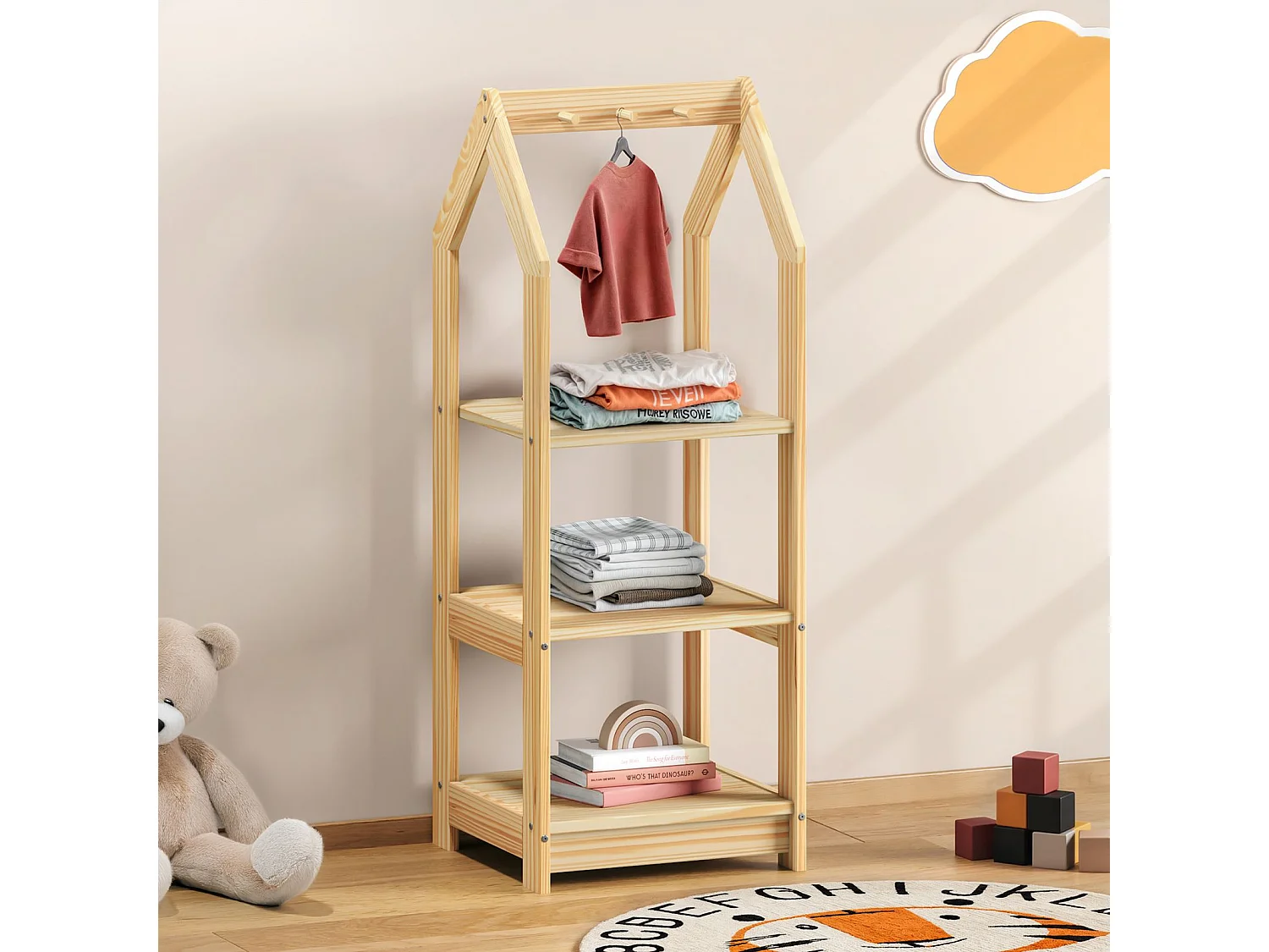 Étagère à vêtement Enfant SALLY en Pin Massif, Dressing Enfant avec Tringle à Vêtements, Penderie Enfant Montessori, Coloris naturel