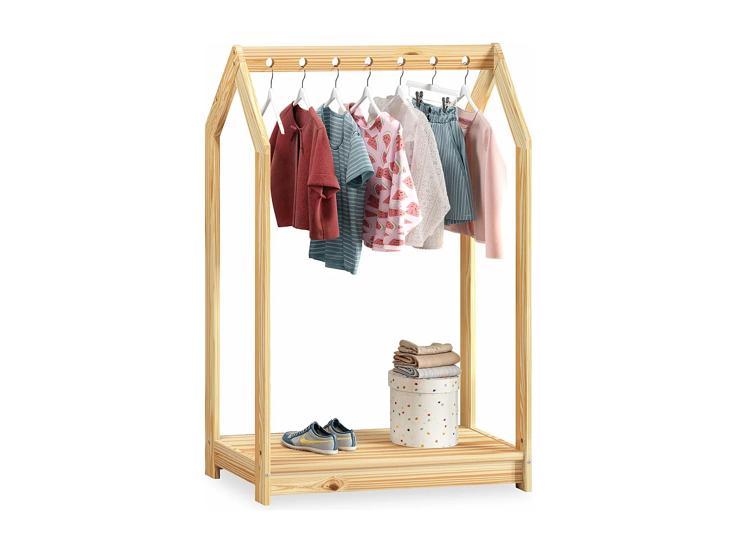 Portant Enfant SALLY en Pin Massif, Dressing Enfant avec Tringle à Vêtements, Penderie Enfant Montessori, Coloris naturel