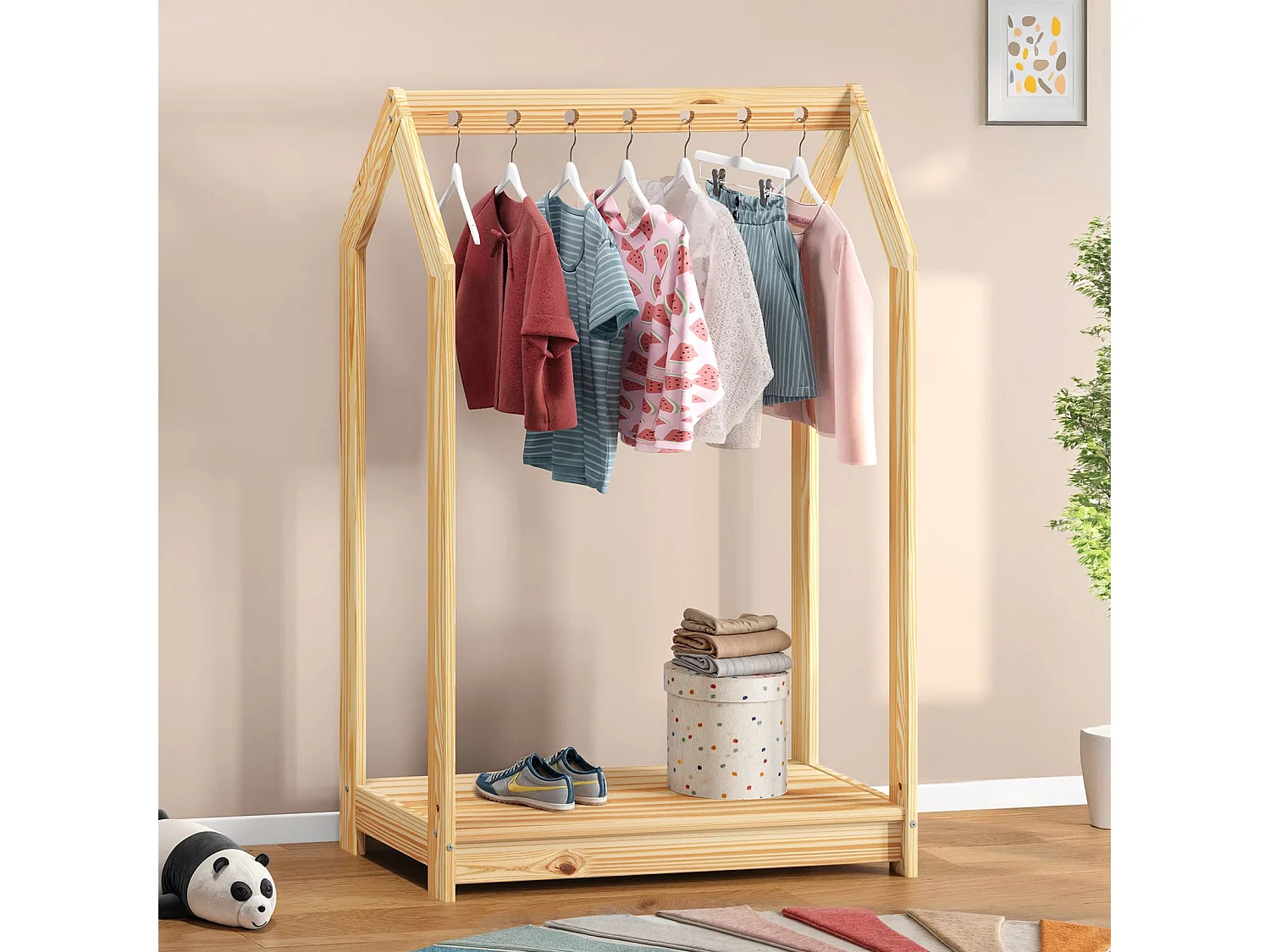 Portant Enfant SALLY en Pin Massif, Dressing Enfant avec Tringle à Vêtements, Penderie Enfant Montessori, Coloris naturel