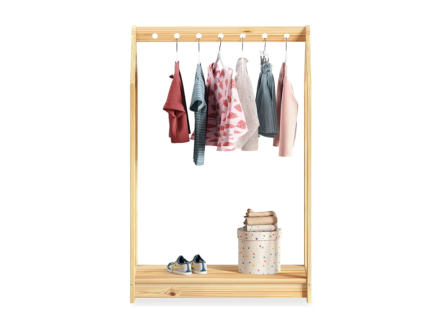 Portant Enfant SALLY en Pin Massif, Dressing Enfant avec Tringle à Vêtements, Penderie Enfant Montessori, Coloris naturel