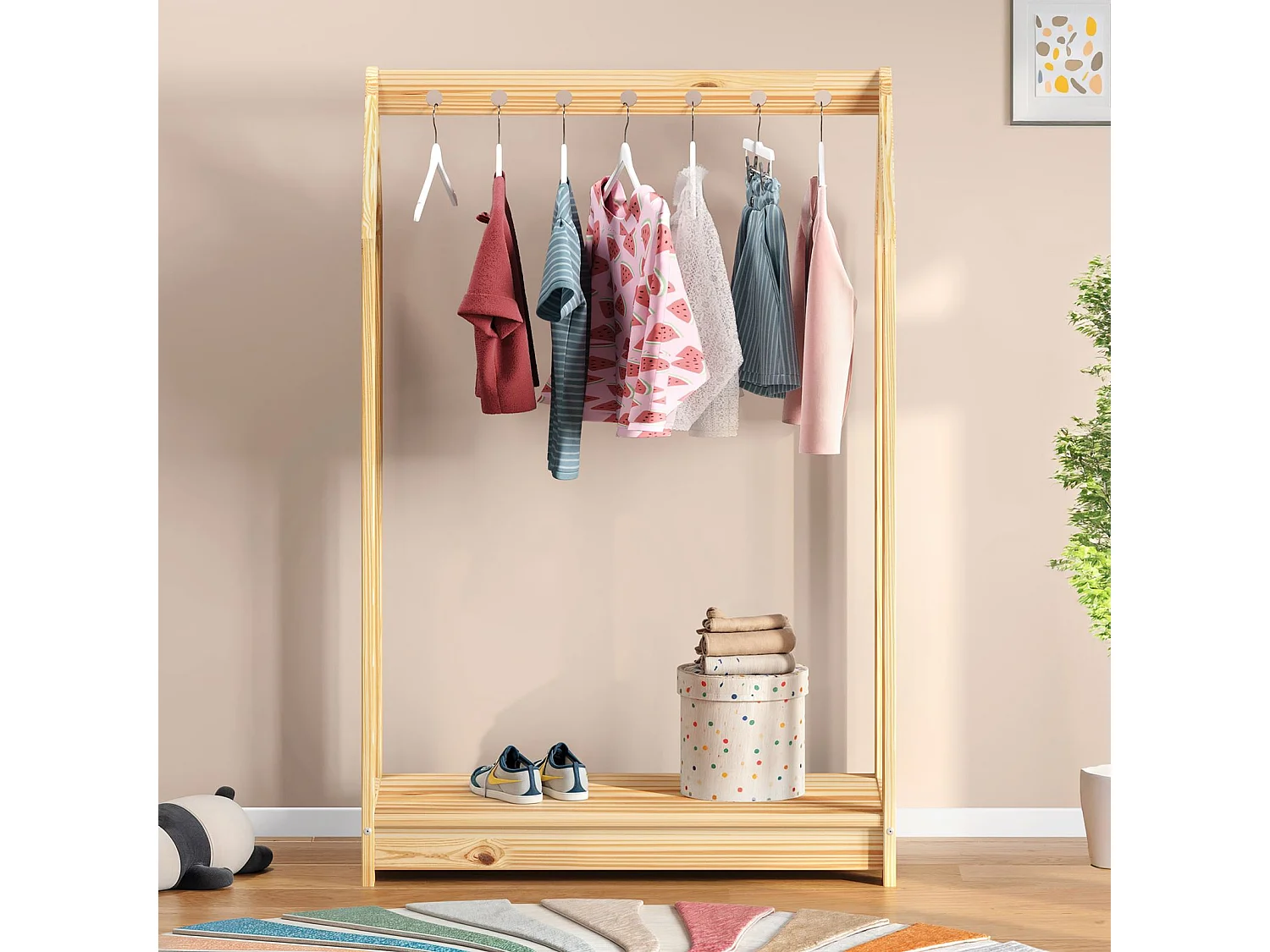 Portant Enfant SALLY en Pin Massif, Dressing Enfant avec Tringle à Vêtements, Penderie Enfant Montessori, Coloris naturel