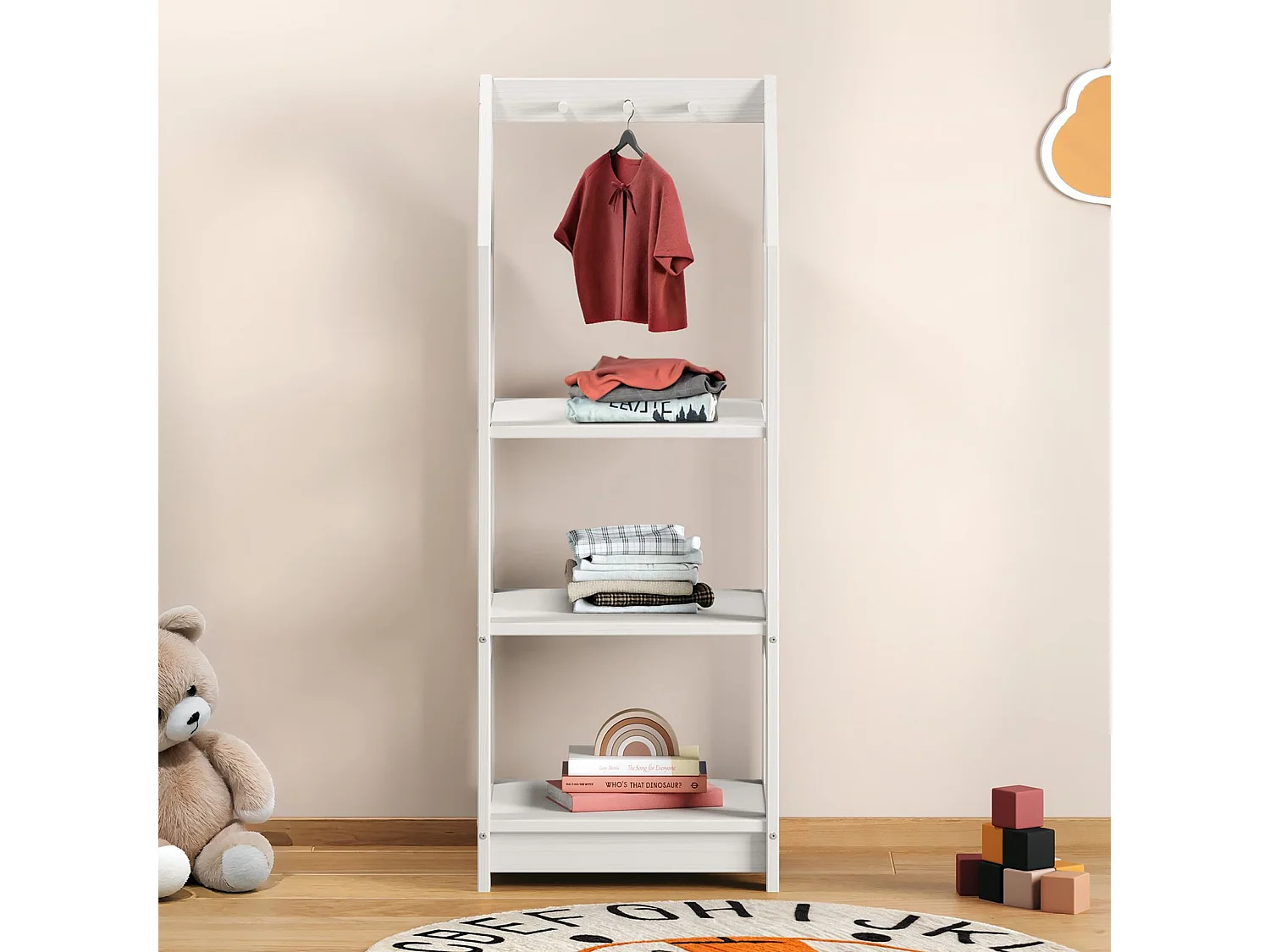 Étagère à vêtement Enfant SALLY en Pin Massif, Dressing Enfant avec Tringle à Vêtements, Penderie Enfant Montessori, Blanc