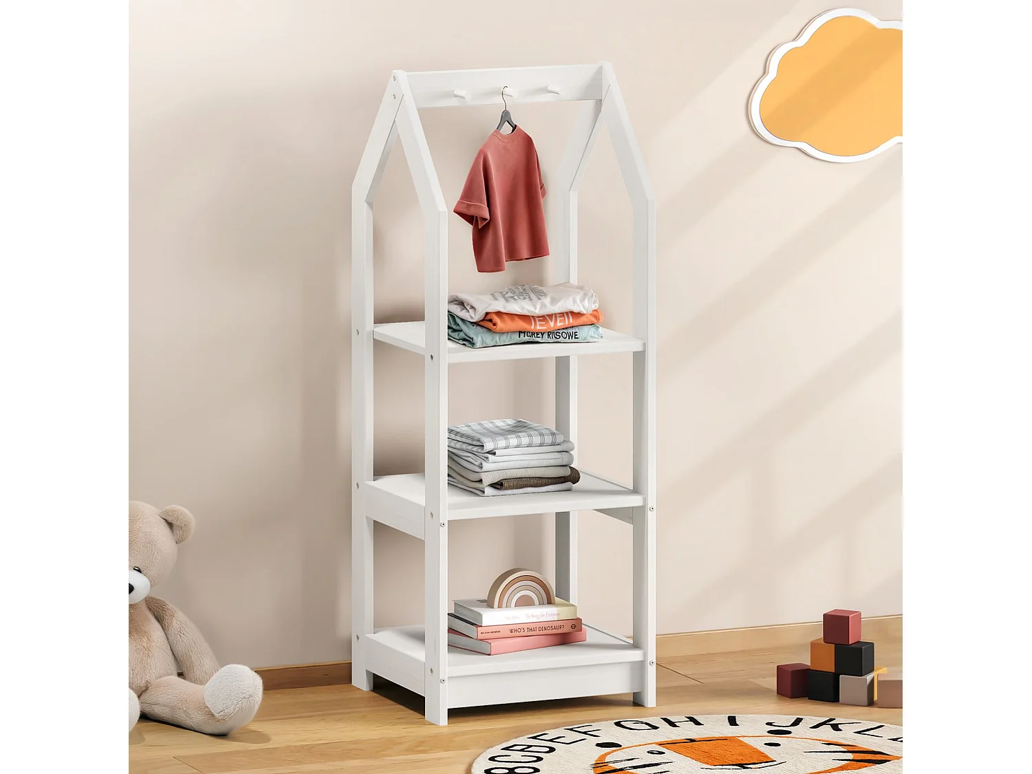 Étagère à vêtement Enfant SALLY en Pin Massif, Dressing Enfant avec Tringle à Vêtements, Penderie Enfant Montessori, Blanc