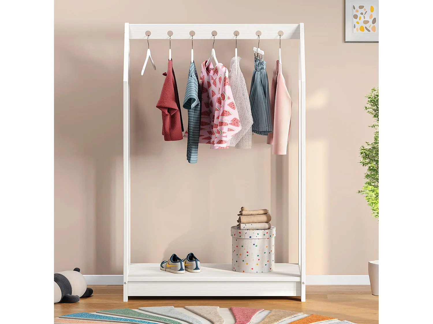 Portant Enfant SALLY en Pin Massif, Dressing Enfant avec Tringle à Vêtements, Penderie Enfant Montessori, Blanc