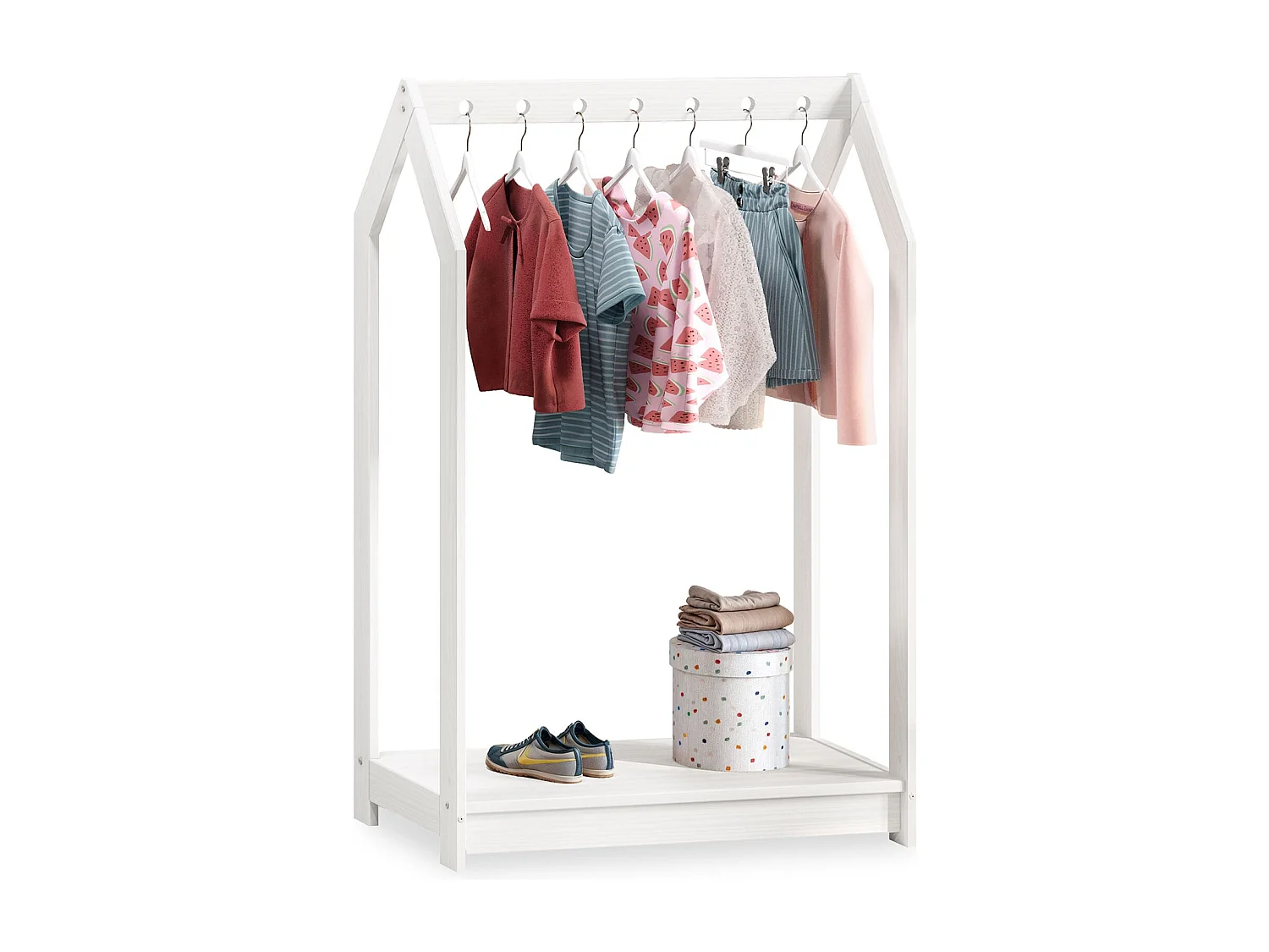 Portant Enfant SALLY en Pin Massif, Dressing Enfant avec Tringle à Vêtements, Penderie Enfant Montessori, Blanc