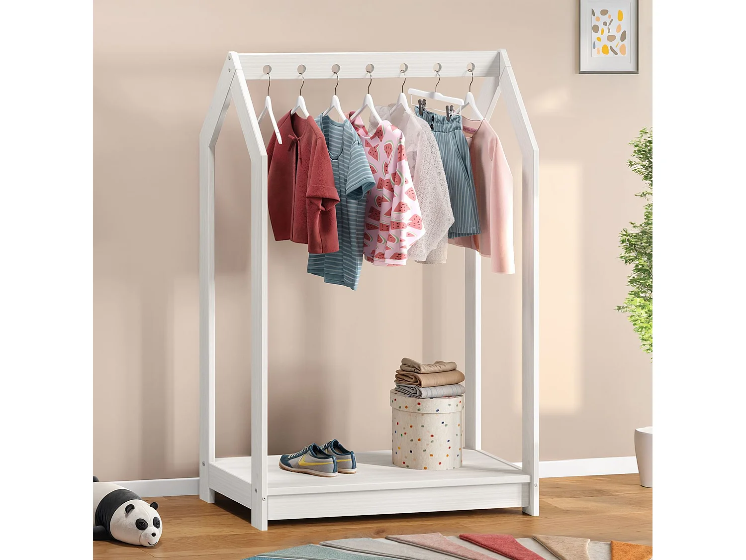 Portant Enfant SALLY en Pin Massif, Dressing Enfant avec Tringle à Vêtements, Penderie Enfant Montessori, Blanc