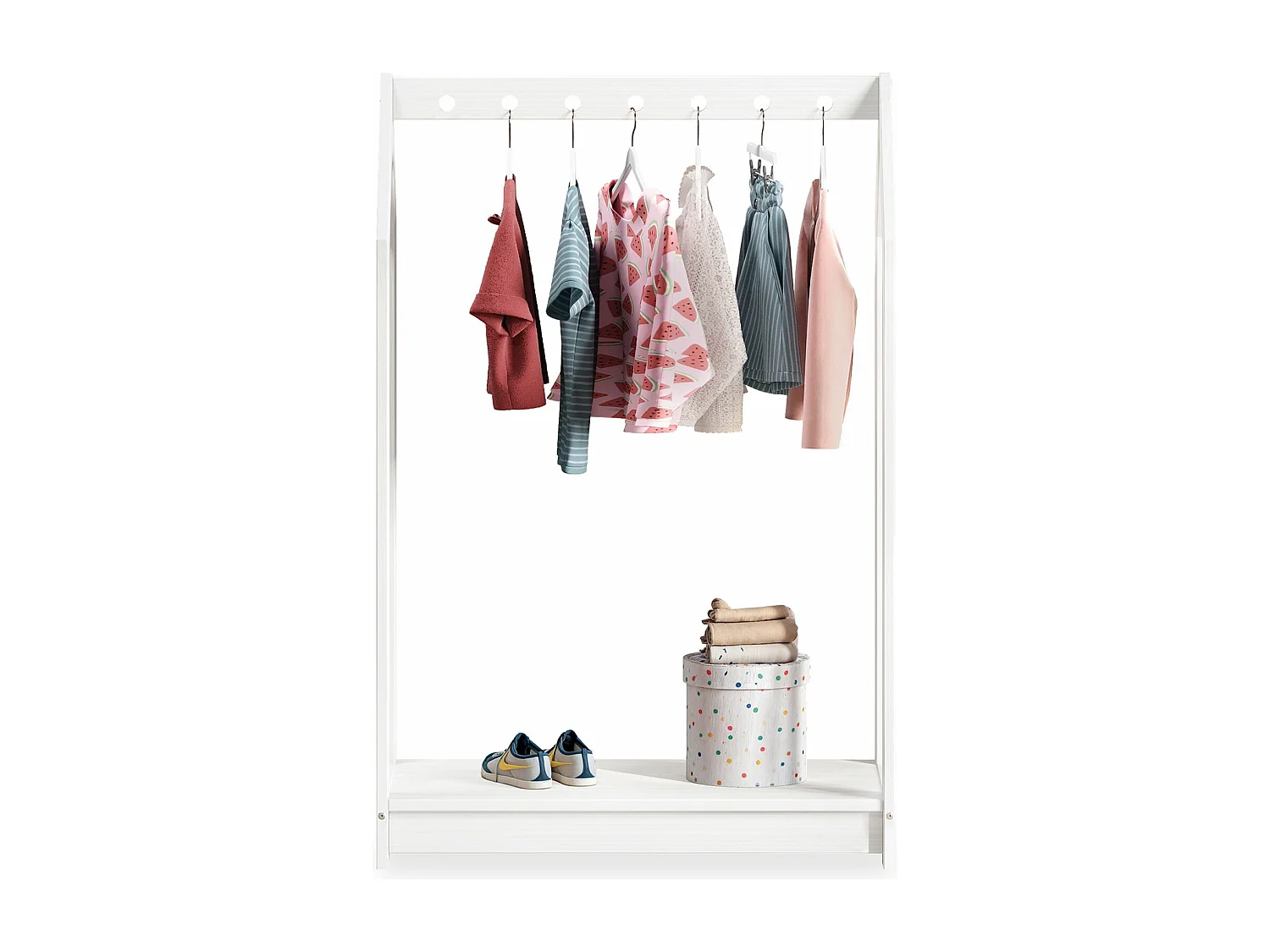 Portant Enfant SALLY en Pin Massif, Dressing Enfant avec Tringle à Vêtements, Penderie Enfant Montessori, Blanc