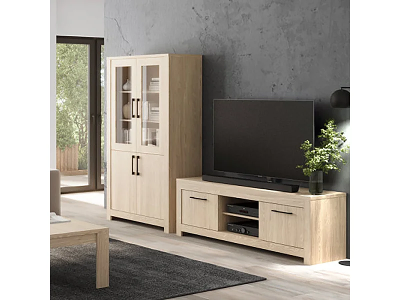 Meuble TV 2 portes 2 niches naturel clair Genève